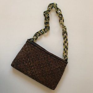 Rattan Shoulder Bag or Clutch with lucite faux tortoise chain link strap